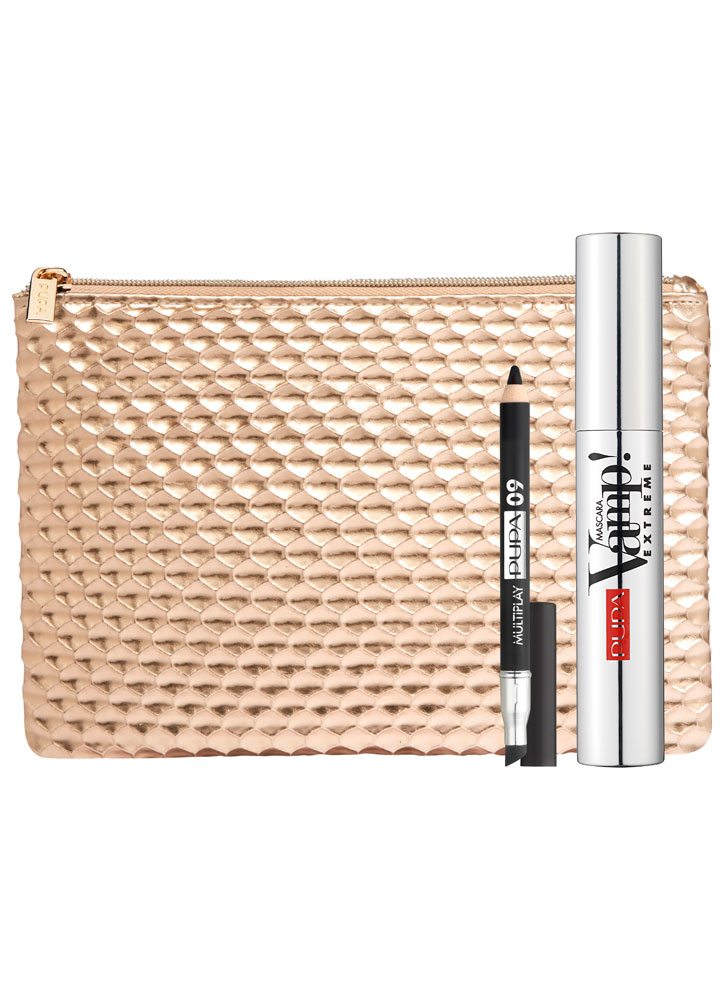 Набор VAMP!Mascara Extreme & Multiplay Набор VAMP!Mascara Extreme & MultiplayНаборы<br>-В подарочный набор от PUPA входит тушь VAMP!MASCARA EXTREME, которая обеспечит мгновенный экстремальный объем и сценический эффект, карандаш для глаз MULTIPLAY, который выполняет роль подводки, каяла и теней, и стильная косметичка бронзового цвета.<br>
